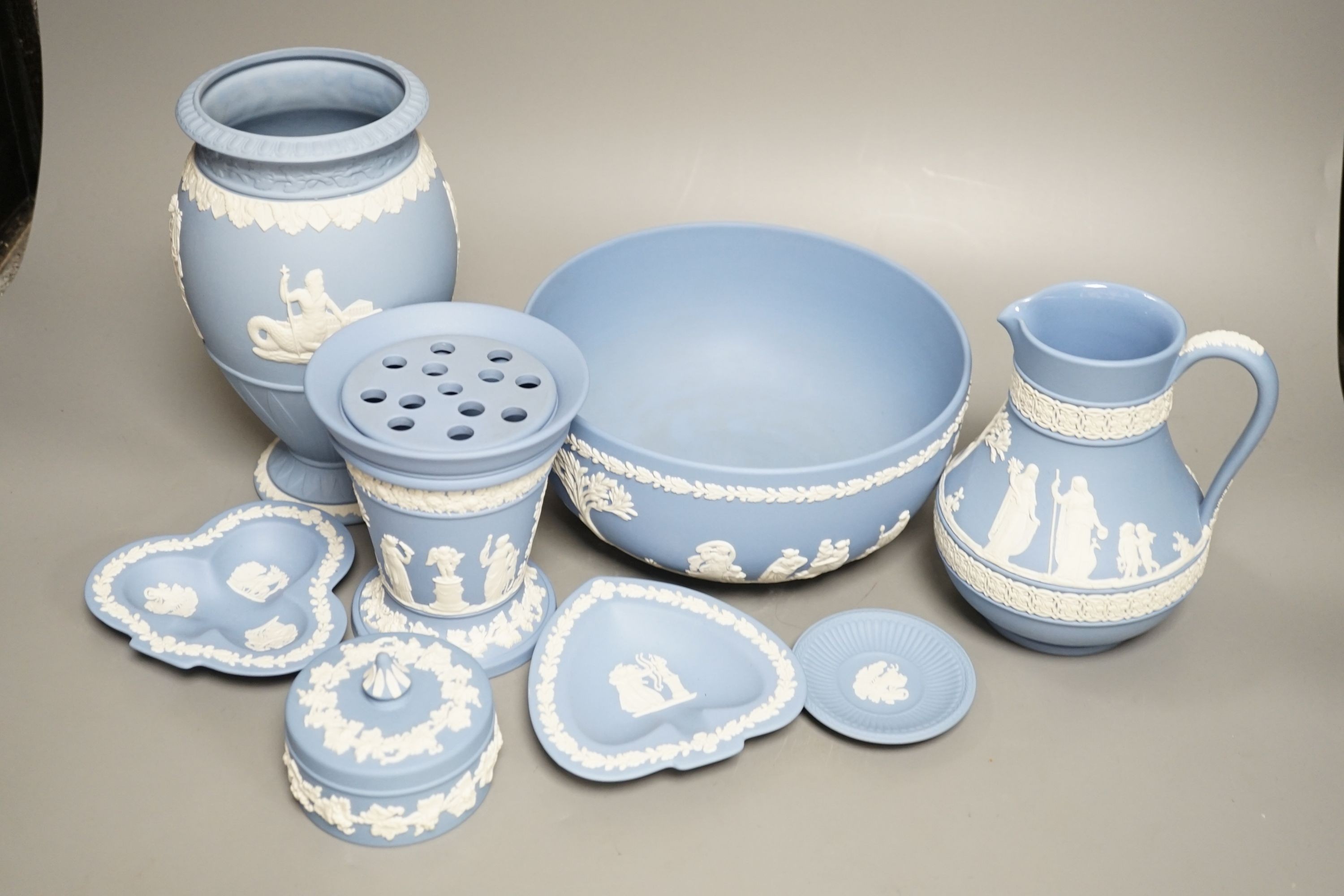 Eight items of Wedgwood Blue Jasperware, tallest 20cm.